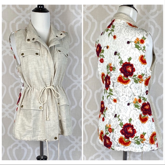 Floral Lace & Linen Military Style Vest - Picture 2 of 8